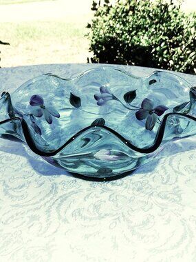 Fenton Glass Fluted Hand Painted Bowl Light Green with Pink Flowers Signed 10"